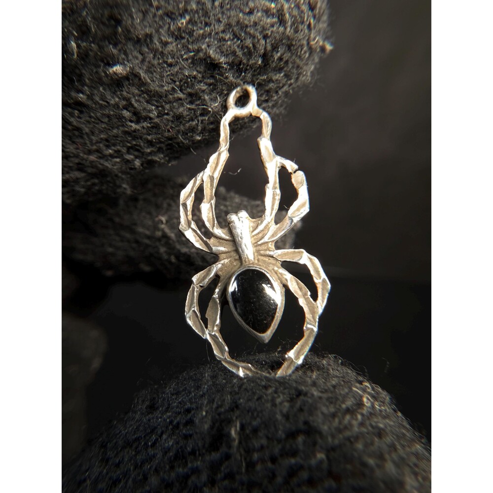 Sterling Silver Spider Pendant Black Onyx Cabochon Gothic Jewelry 925